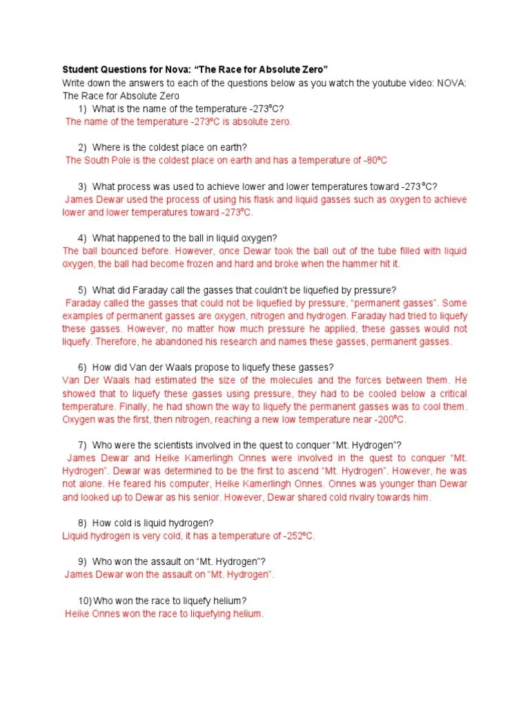 Nova The Race For Absolute Zero Worksheet Download Free PDF Cryogenics Physical Chemistry