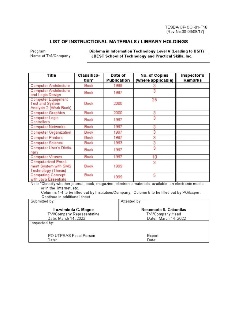List of Instructional Materials PDF