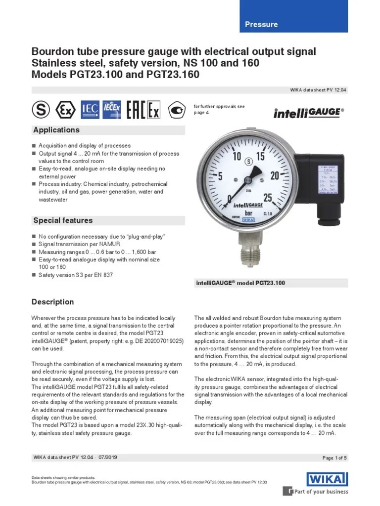 Wika Pgt23.1001 Datasheet PDF Pressure Measurement Electrical Engineering