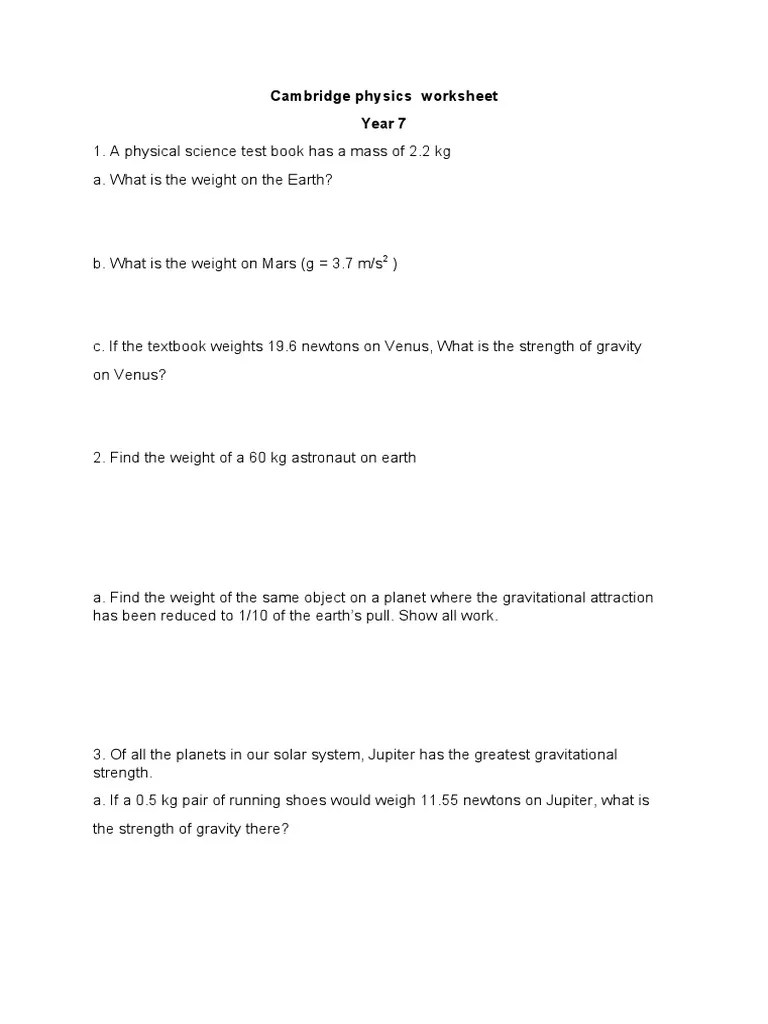 Physics Worksheet PDF