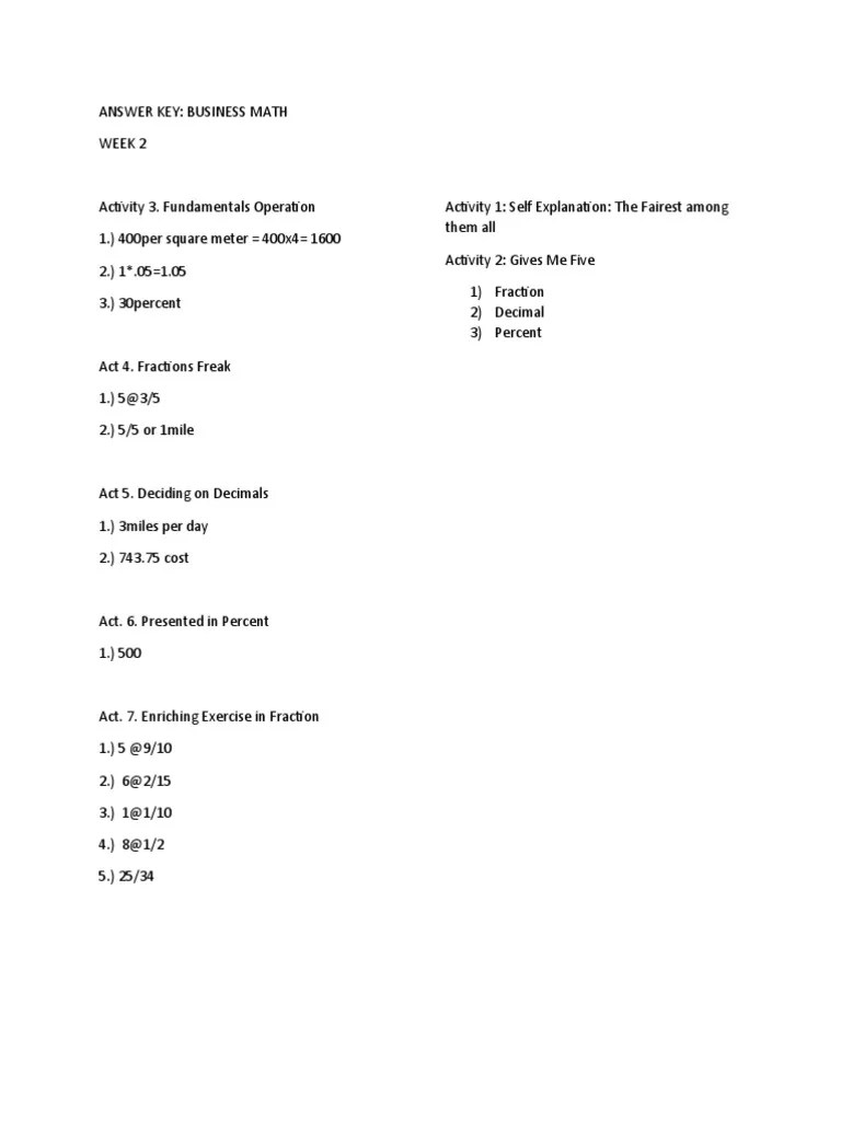 Answer Key Business Math Week 2 PDF