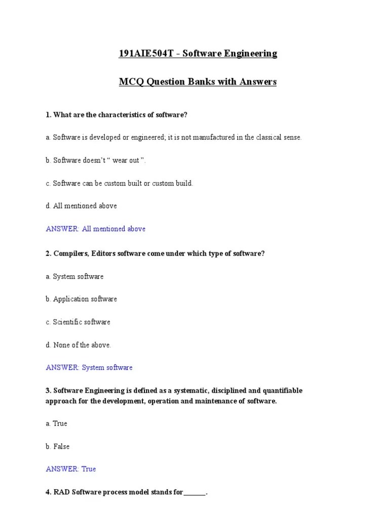 191AIE504T Software Engineering MCQ Banks With Answers ANSWER All