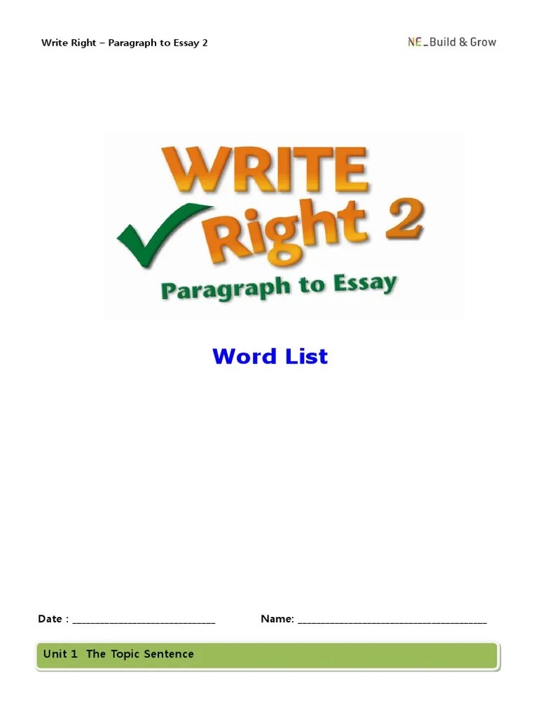 Write Right Paragraph To Essay 2 Word List PDF