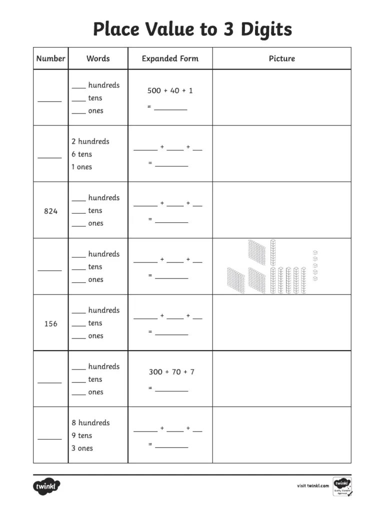 Place value maths homework PDF