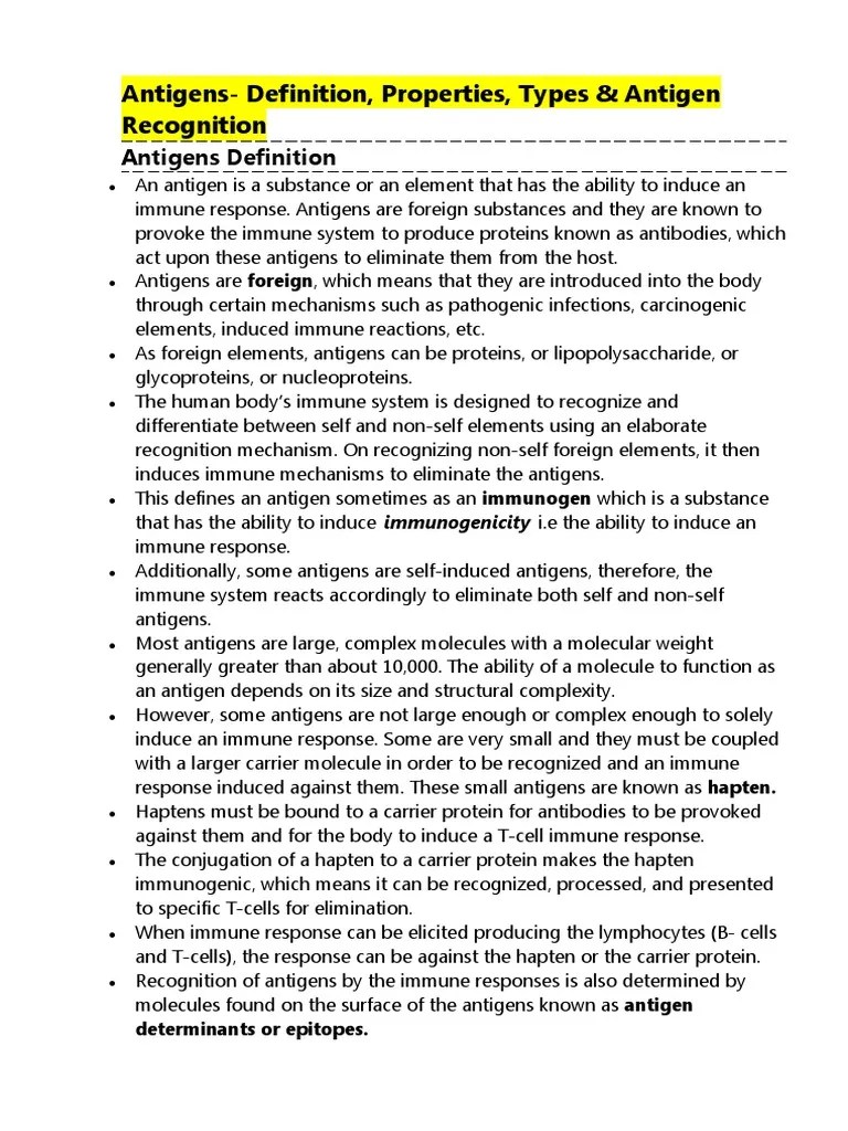 Antigens Definition, Properties, Types & Antigen Recognition PDF