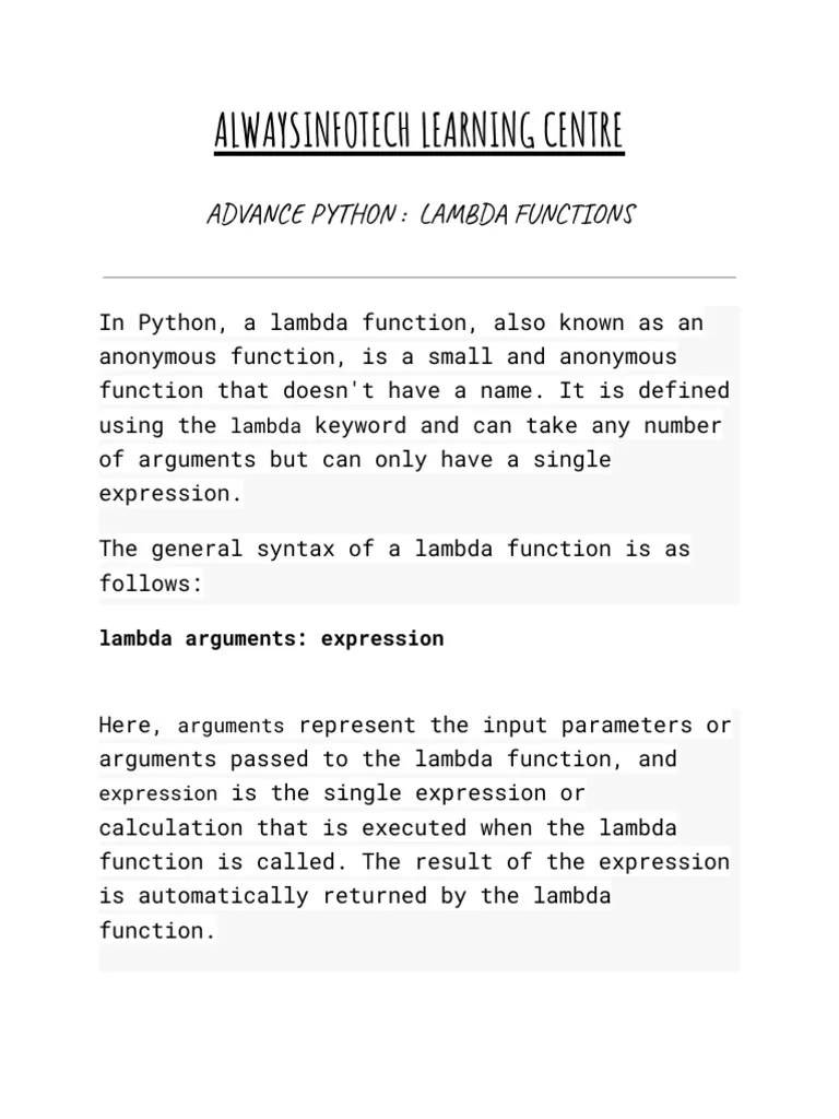 Lambda Functions PDF Anonymous Function Parameter