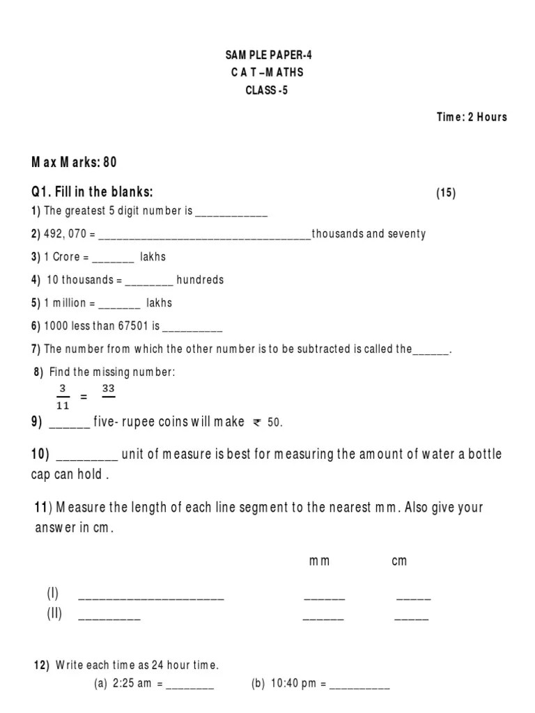 CBSE Class 5 Maths Revision Test Worksheets PDF Mathematics