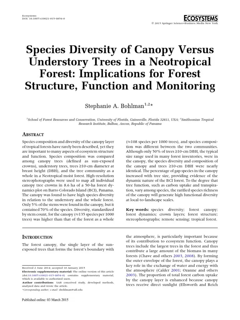 Species Diversity of Canopy Versus Understory Trees in A Neotropical
