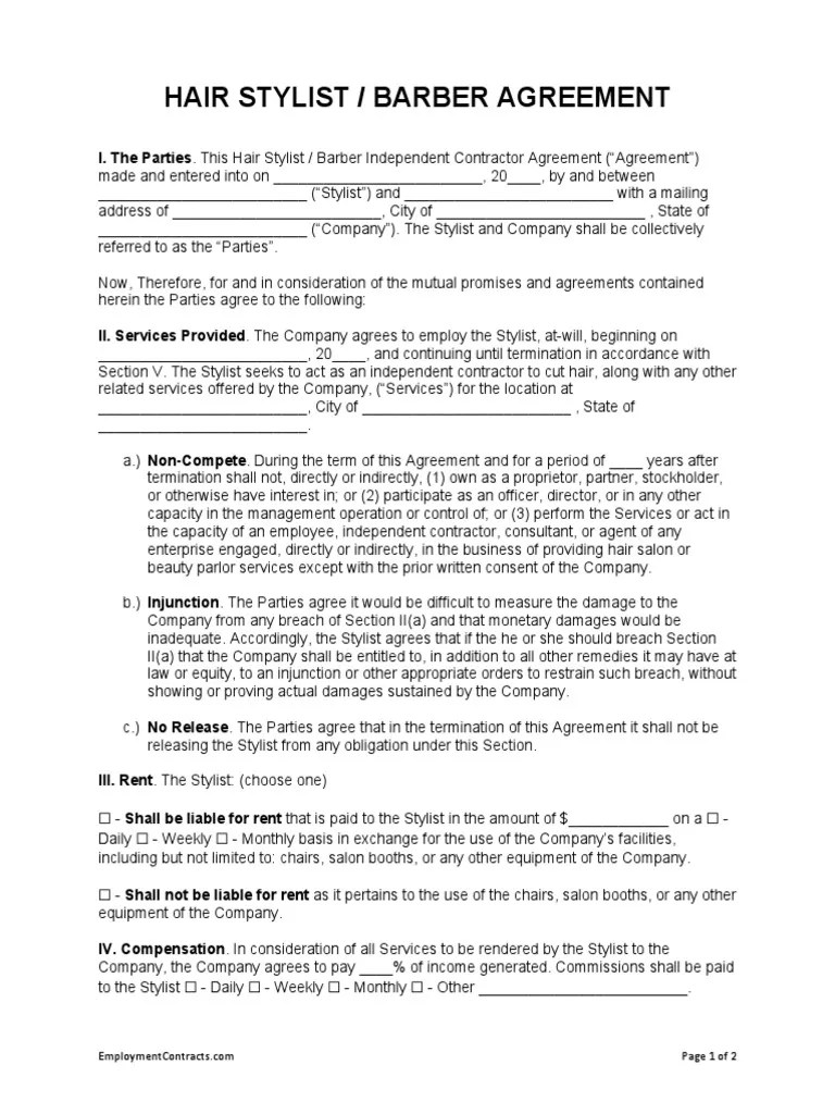 Hair Stylist Barber Independent Contractor Agreement PDF Breach Of
