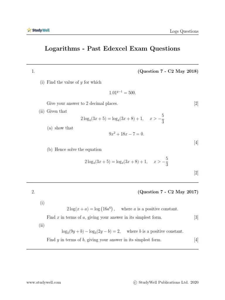 Logs Exam Questions PDF Logarithm Equations