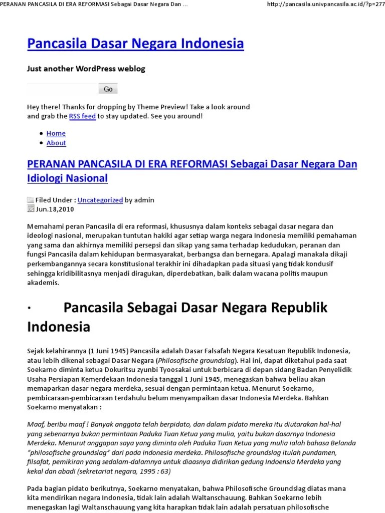 PERANAN PANCASILA DI ERA REFORMASI Sebagai Dasar Negara Dan Idiologi  Nasional - Pancasila Dasar Negara Indonesia | PDF