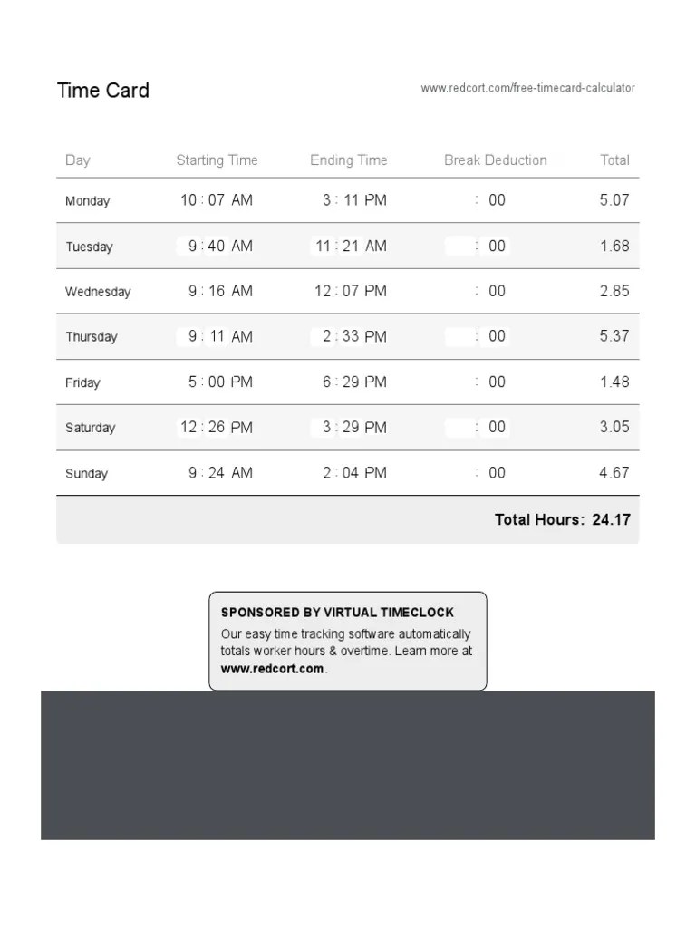 Free Time Card Calculator Timesheet Calculator Calculate Timecard Hours