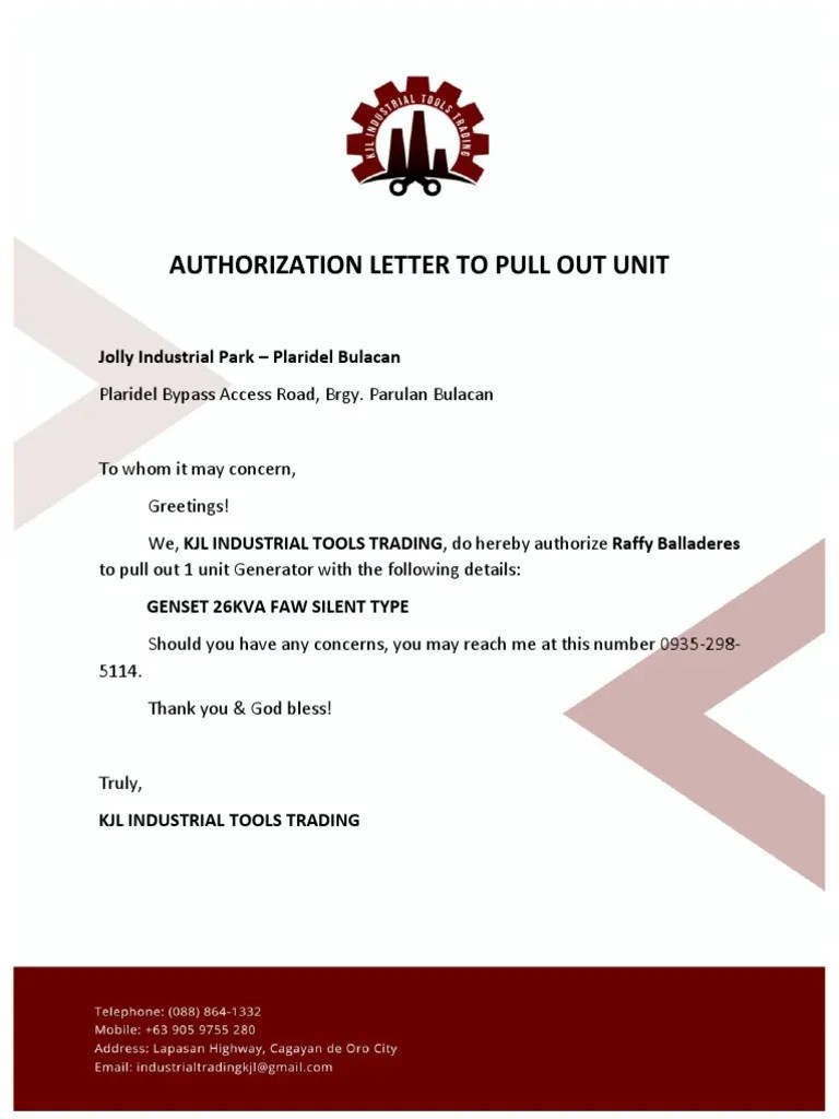 Authorization Letter To Pull Out Unit PDF