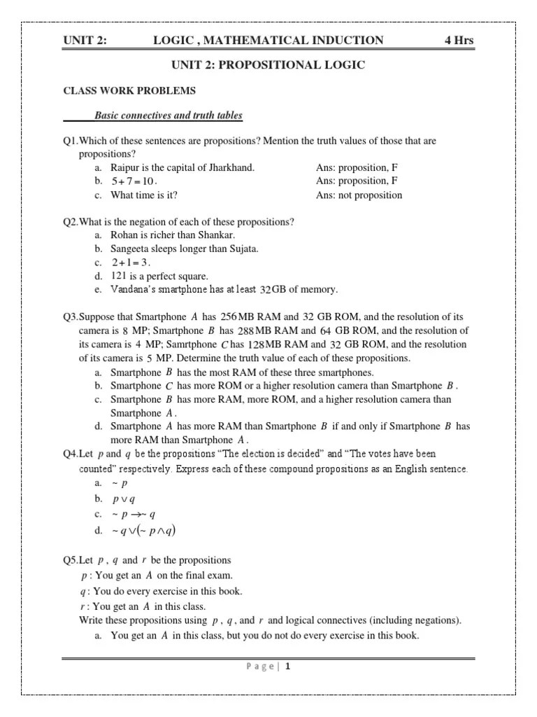 Unit 2 Logic and Mathematical Induction ClassWork PDF If And(02)