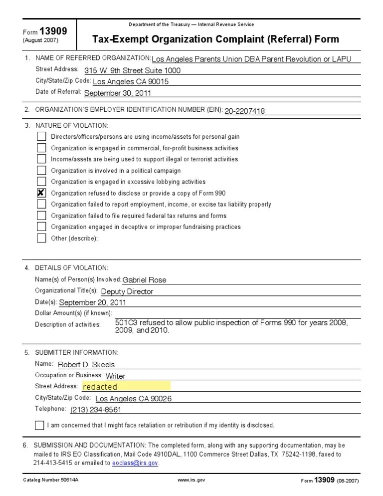 Parent Revolution 13909 TaxExempt Organization Complaint (Referral) Form