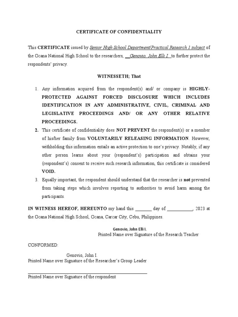 Certificate of Confidentiality SAMPLE PDF
