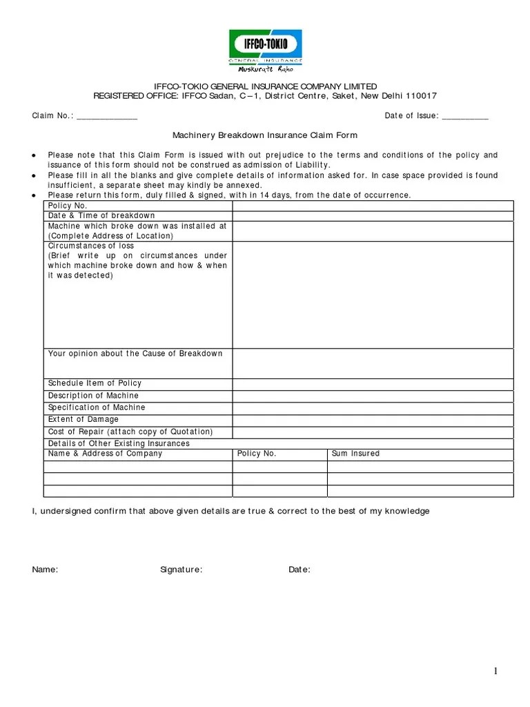 Machinery Breakdown Insurance Claim Form PDF
