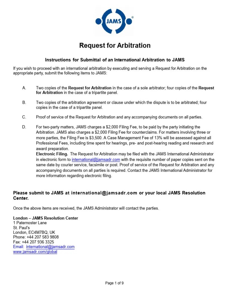 Jams International Request For Arbitration Form PDF Arbitration Fax