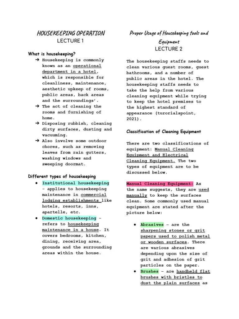 Housekeeping NOTES PDF Housekeeping Home