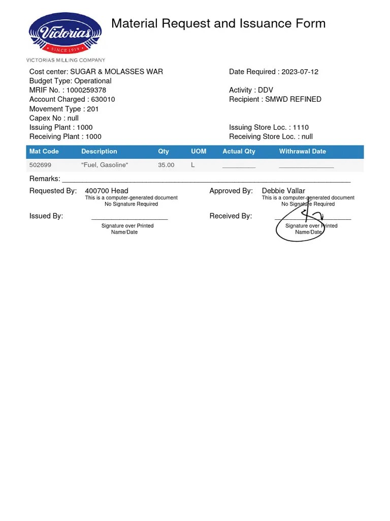 Material Request and Issuance Form Mat Code Description Qty UOM Actual