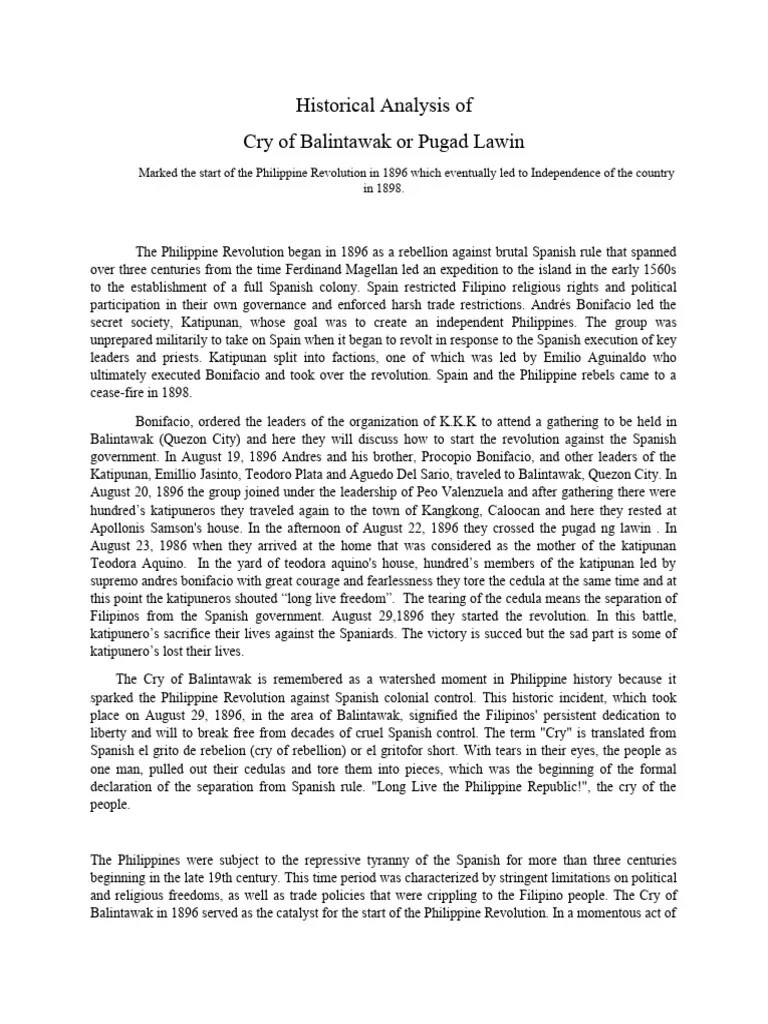Historical Analysis of Cry of Balintawak or Pugad Lawin PDF Wars Of