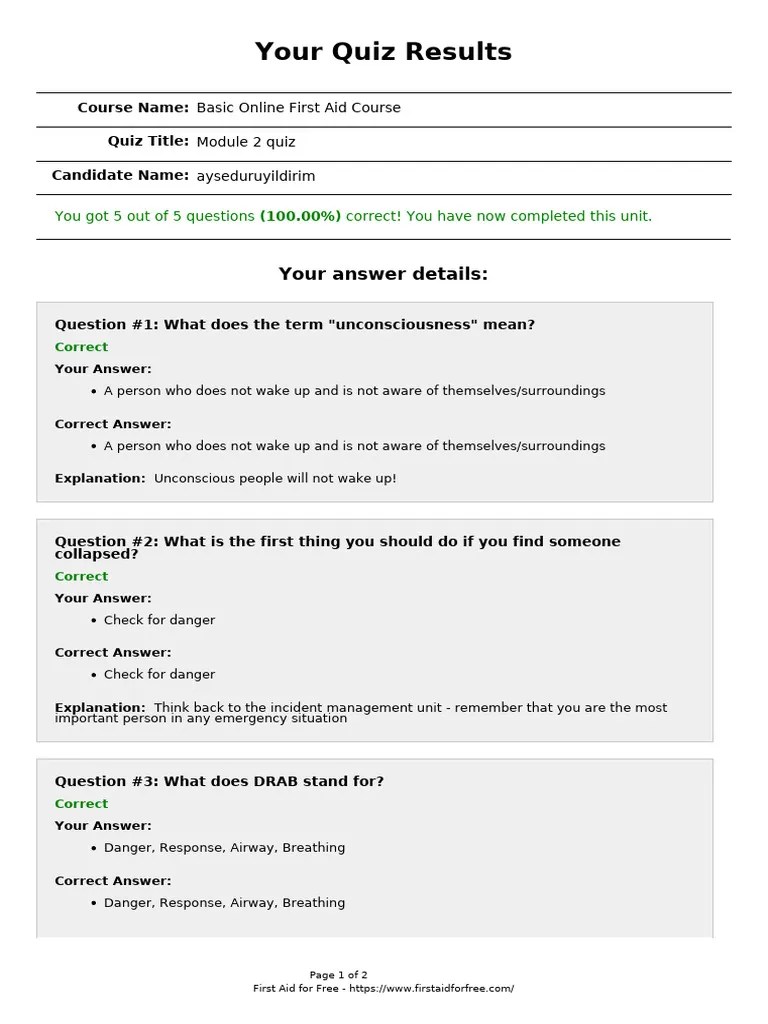 First Aid Quiz Results PDF First Aid Cardiopulmonary Resuscitation