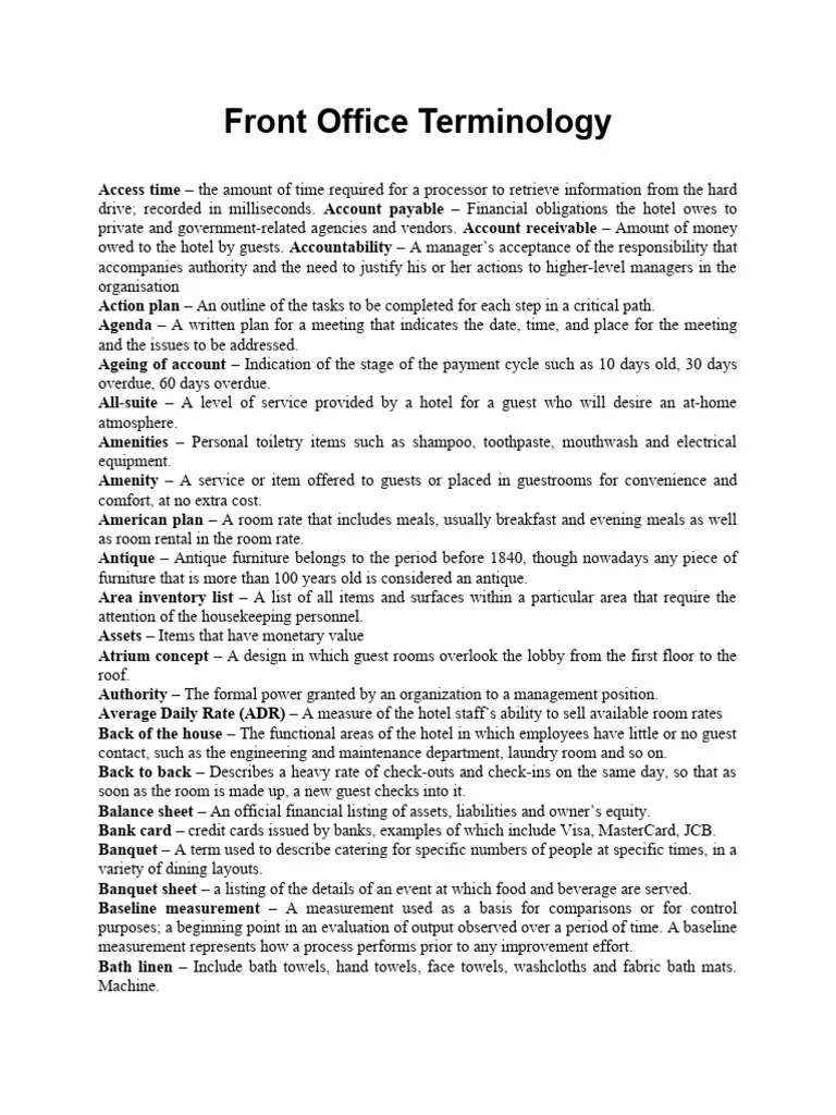 Front Office Terminology PDF Credit Card Hotel