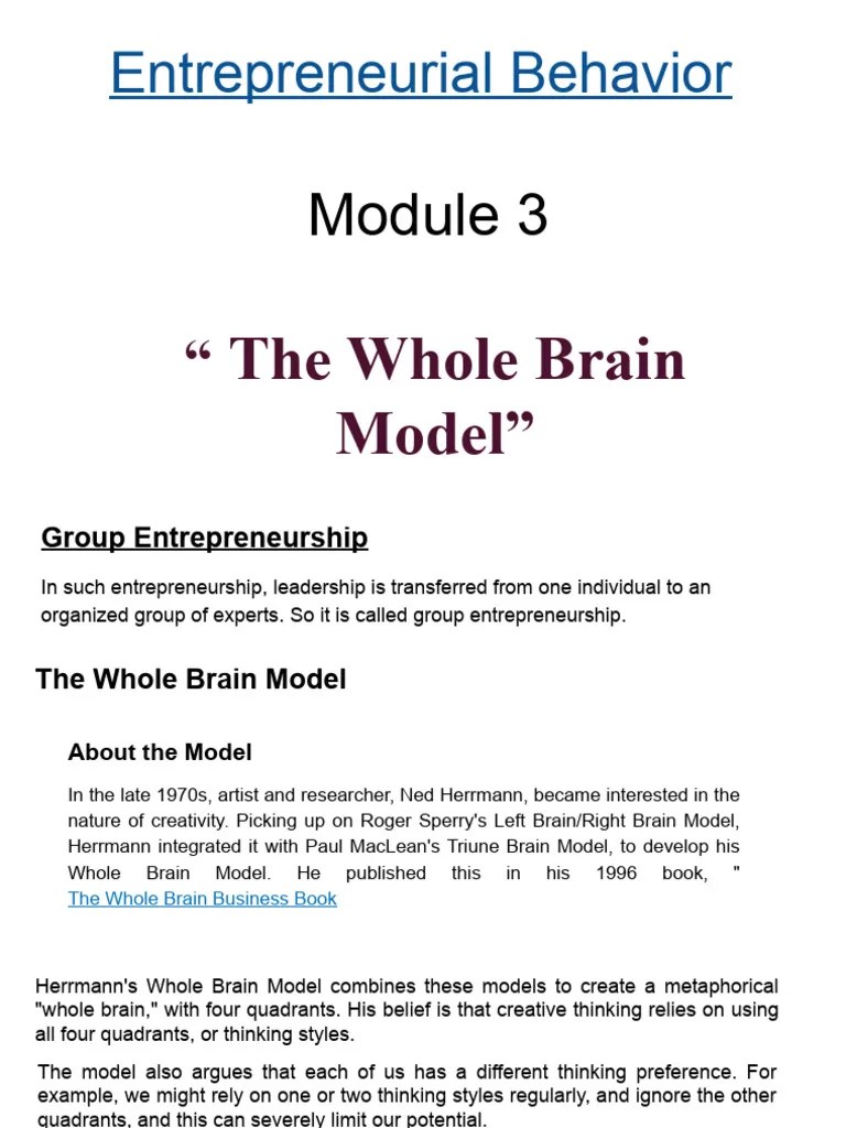 Module 3 The Whole Brain Model PDF Thought Creativity