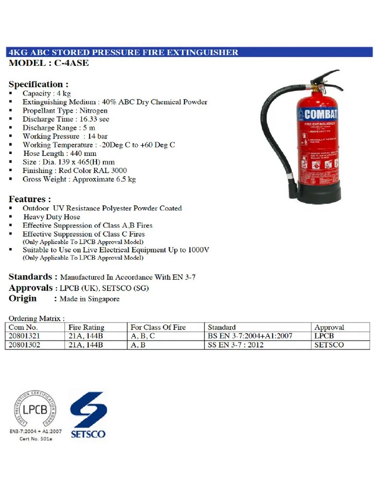 4KG Dry Powder Portable Fire Extinguisher Specifications PDF