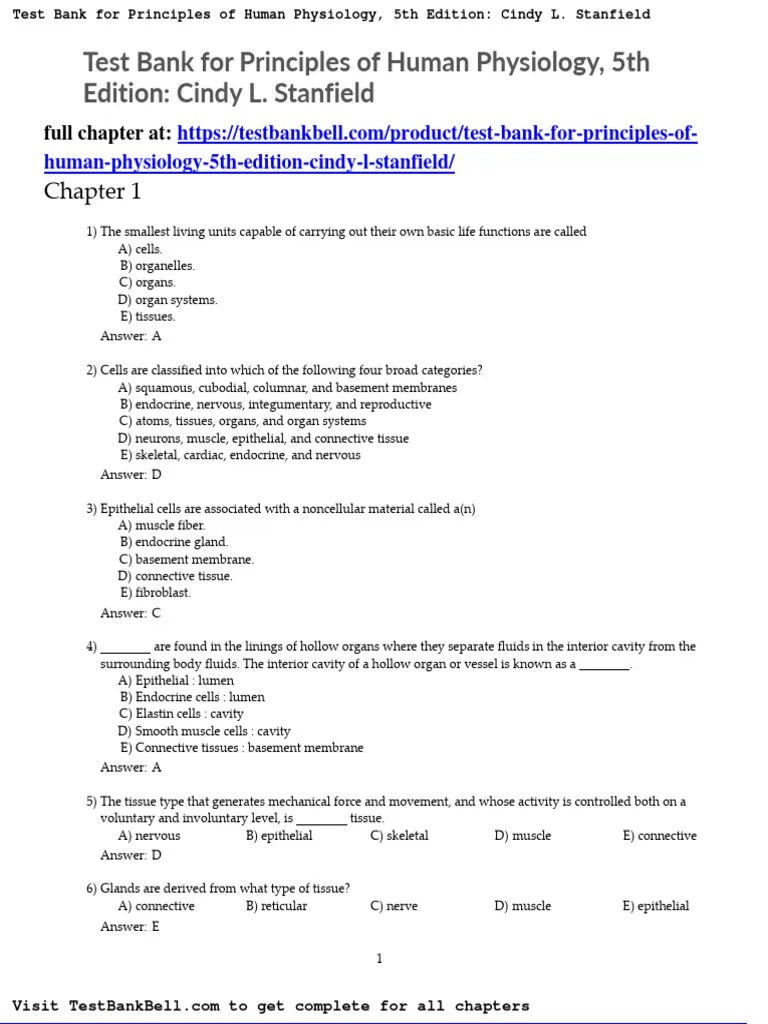 Test Bank For Principles of Human Physiology 5th Edition Cindy L Stanfield PDF Connective
