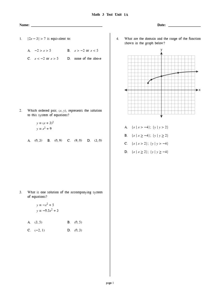 Math 3 Unit 1 Practice Test PDF Mathematical Objects Mathematical Concepts