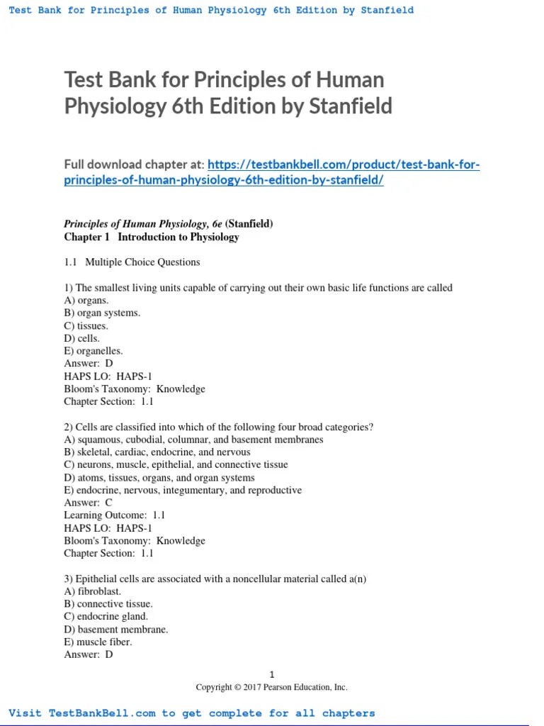 Test Bank For Principles of Human Physiology 6th Edition by Stanfield PDF Epithelium