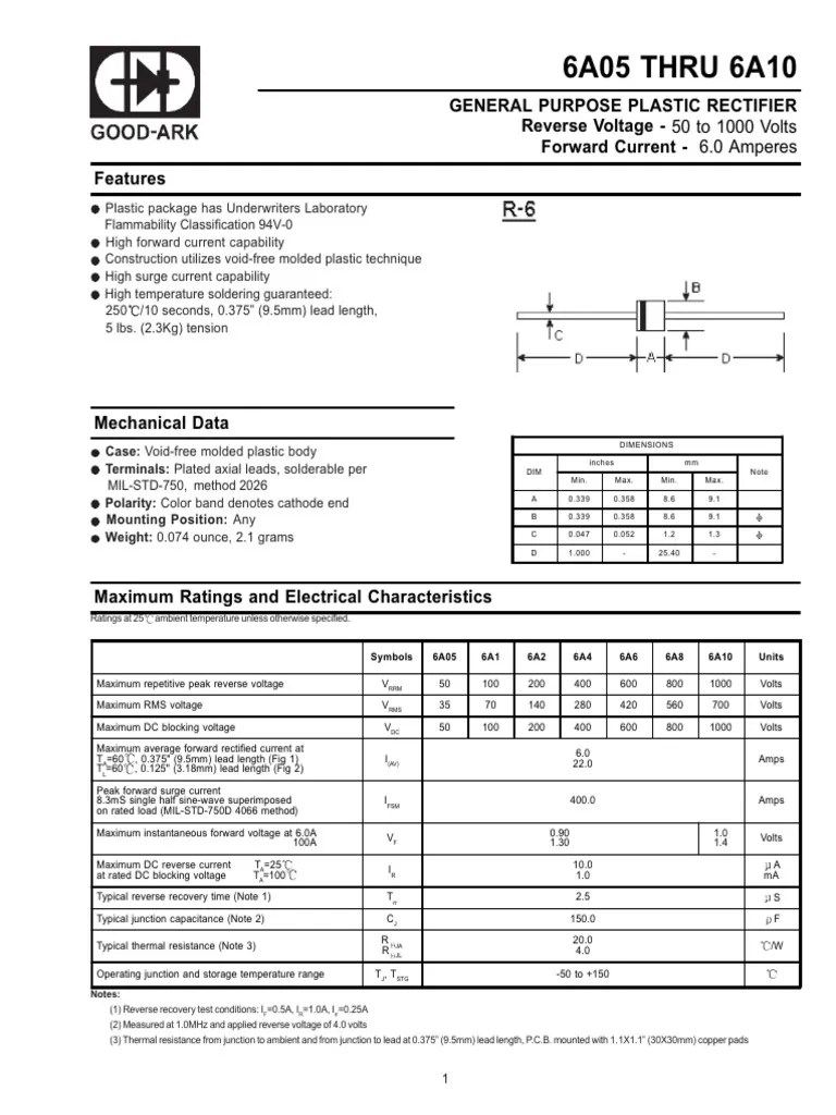 6A05 THRU 6A10: General Purpose Plastic Rectifier Reverse Voltage