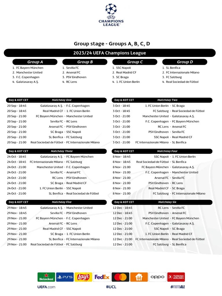 Uefa Champions League 20232024 Group Stage Draw Calendar Result Sheet PDF Clubs And Societies Association Football Teams