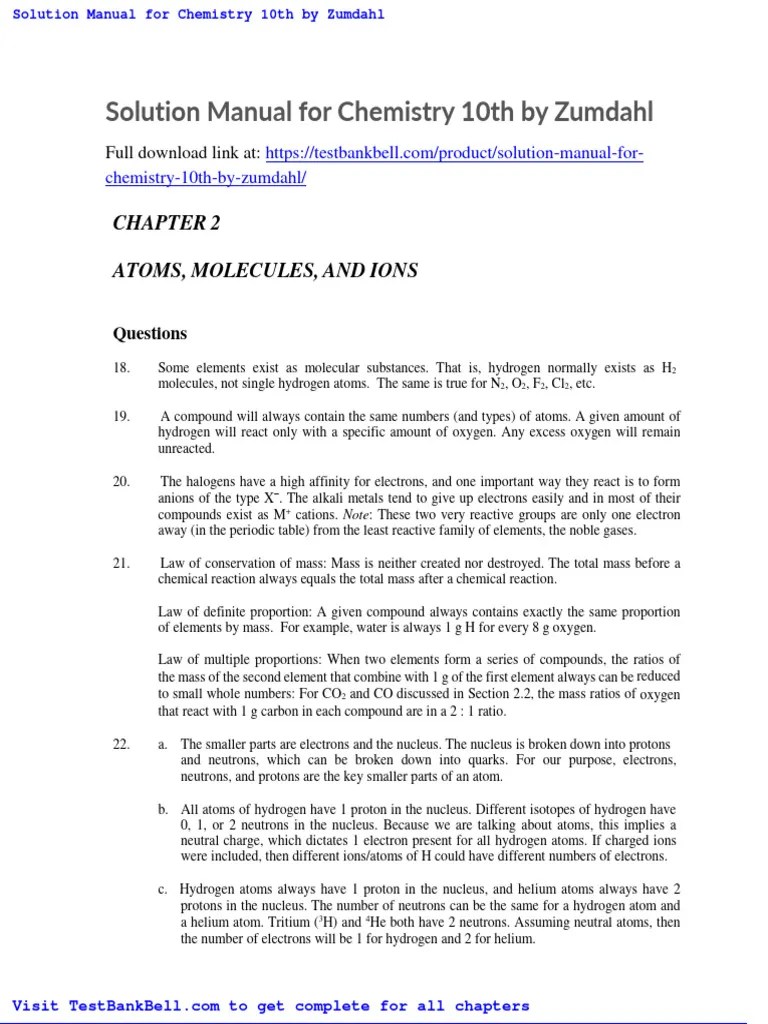 Solution Manual For Chemistry 10th by Zumdahl | PDF