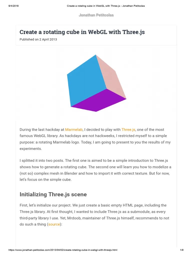 Create A Rotating Cube in GL With Three Js Jonathan Petitcolas