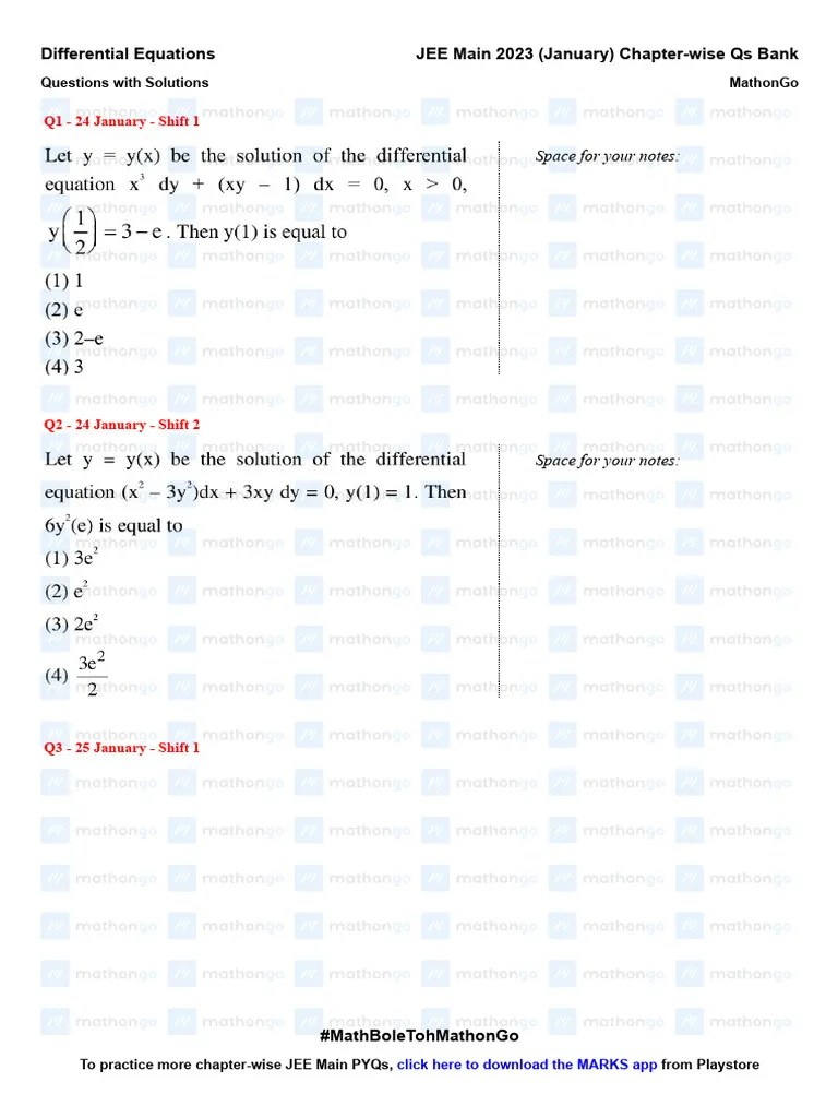 Differential Equations JEE Main 2023 January Chapter Wise Questions