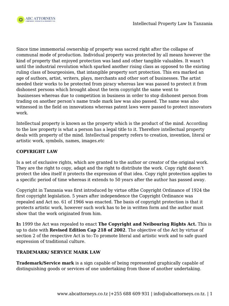 Intellectual Property Law in Tanzania PDF Trademark Patent