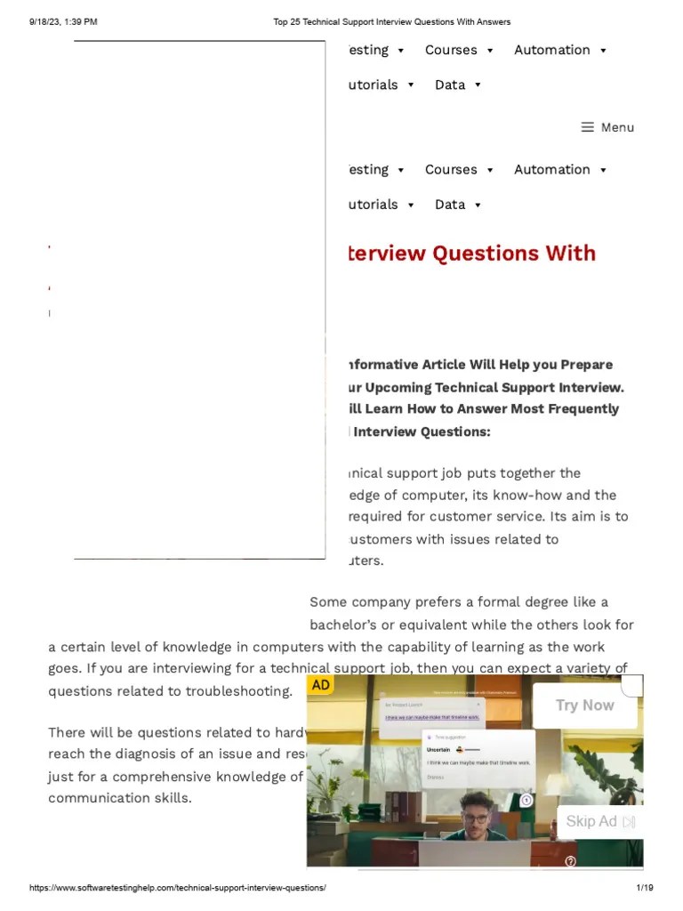 Top 25 Technical Support Interview Questions With Answers PDF Bios