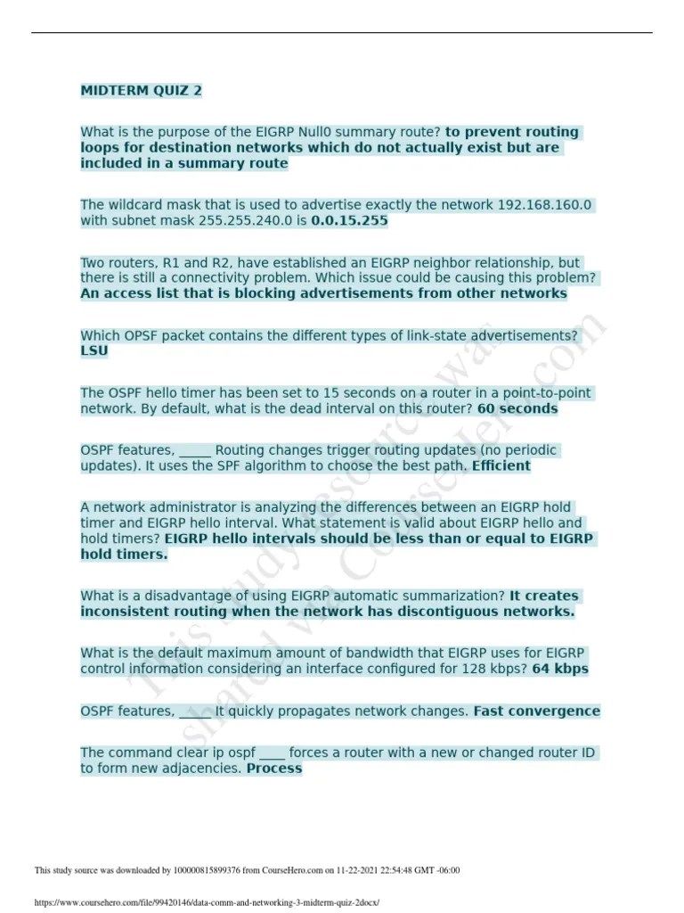 Data Comm and Networking 3 Midterm Quiz 2 PDF Routing Computer