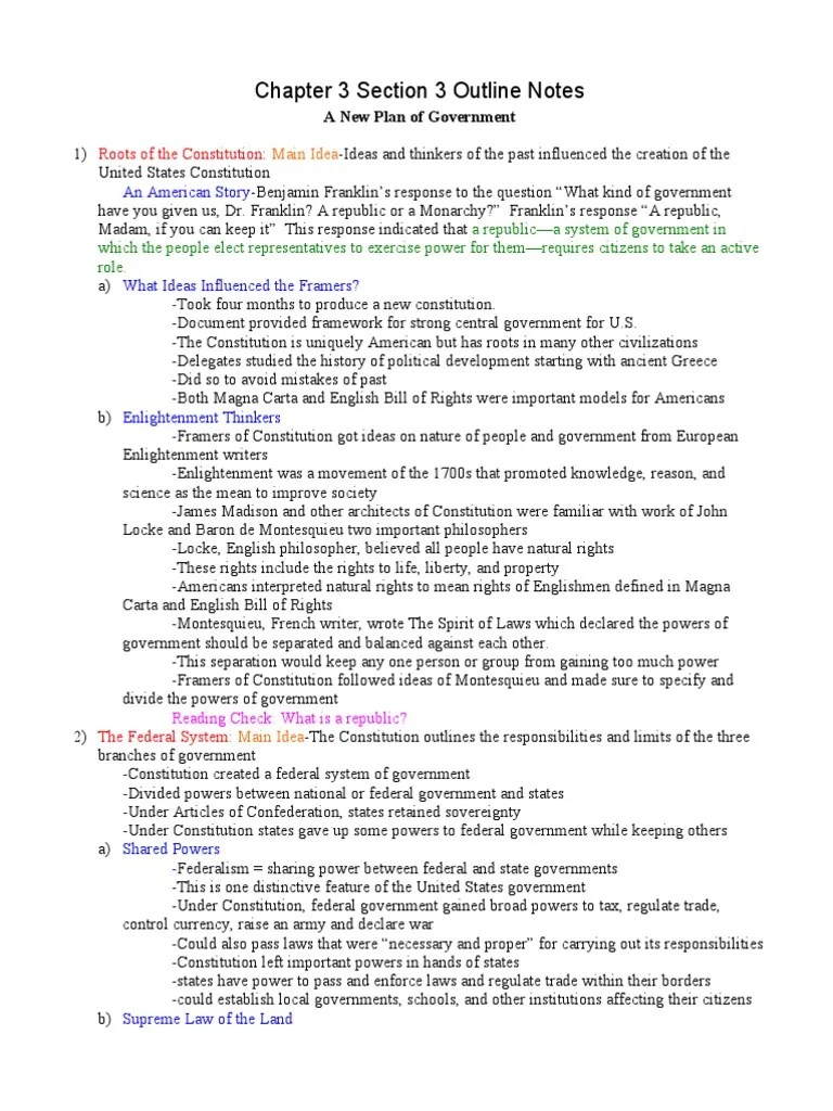 Chapter 3 Section 3 Outline Notes Federal Government Of The United