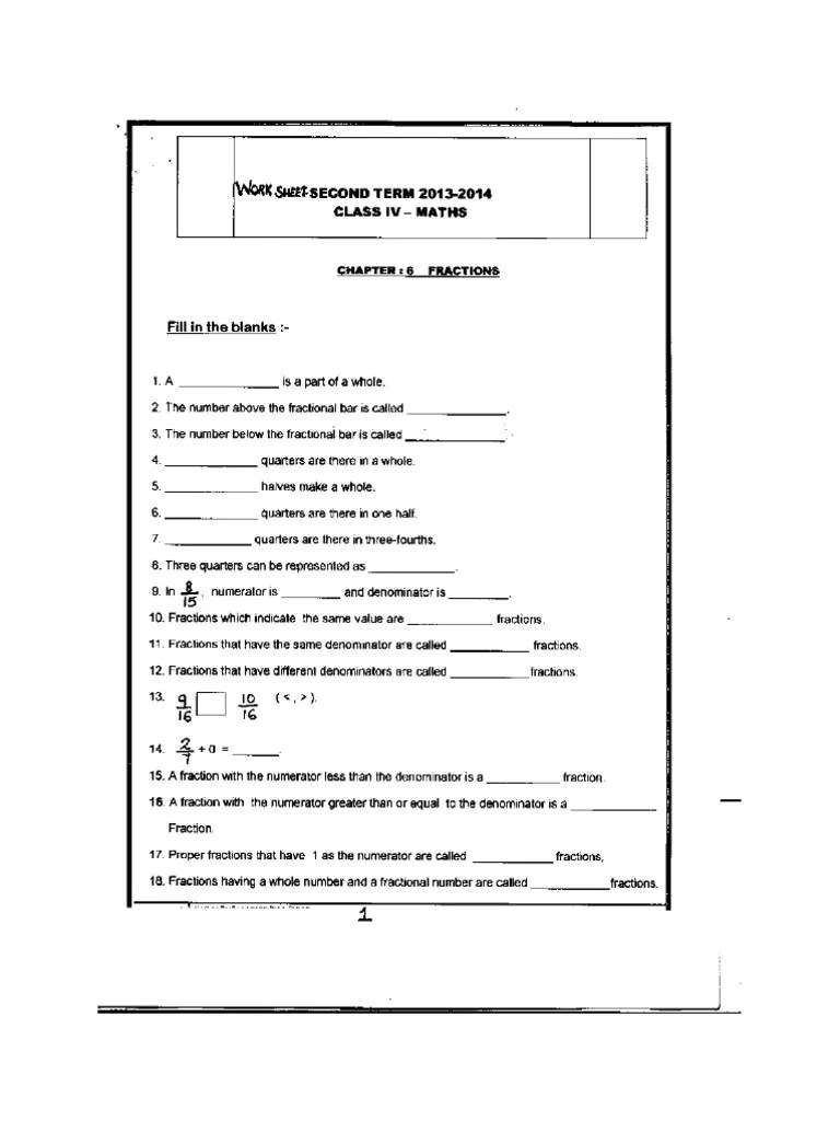 CBSE Class 4 Maths Revision Worksheet (161) Fractions PDF