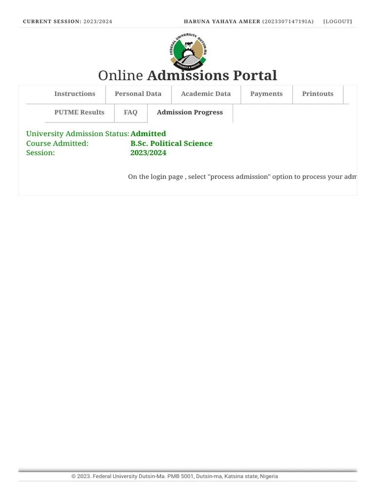Online Admissions Portal Federal University DutsinMa PDF