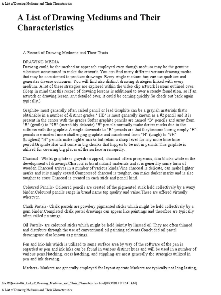 A List of Drawing Mediums and Their Characteristics Download Free PDF