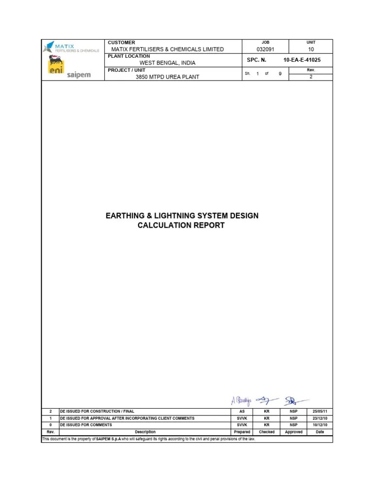 10EAE41025 Earthing & Lighting System Design Calculation Report