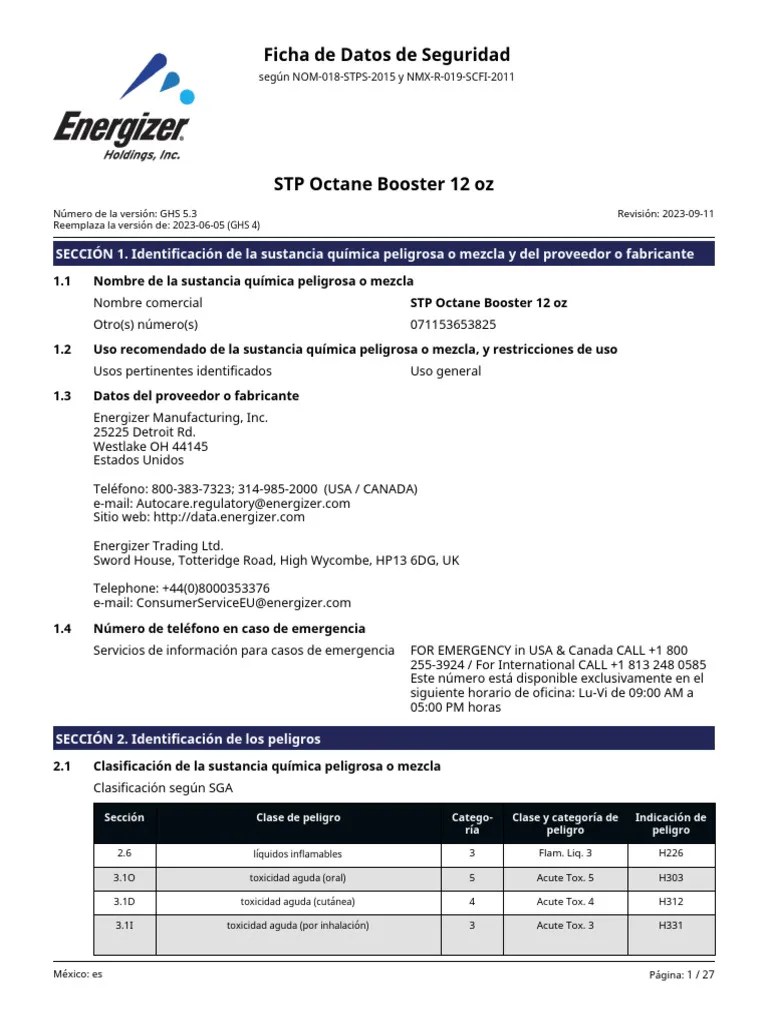 SDS STP Octane Booster 12 Oz MX Es 2023 09 11 PDF Química Materiales
