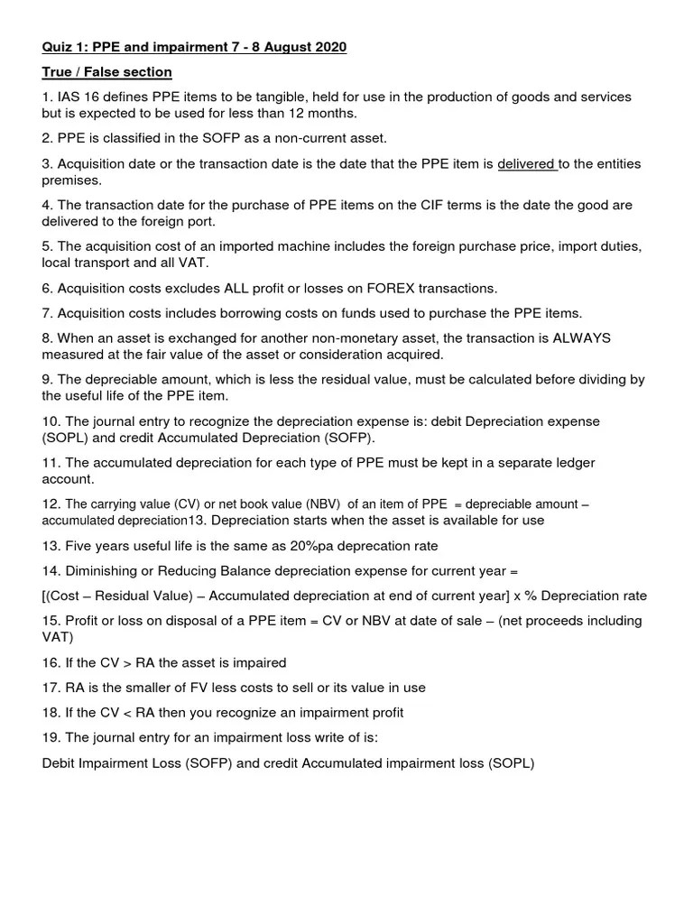 Quiz 1 PPE and Impairment PDF Book Value Depreciation
