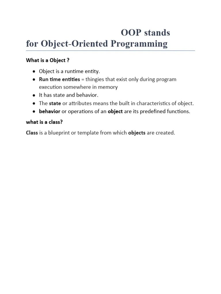 OOP Stands For ObjectOriented Programming What Is A Object ? PDF
