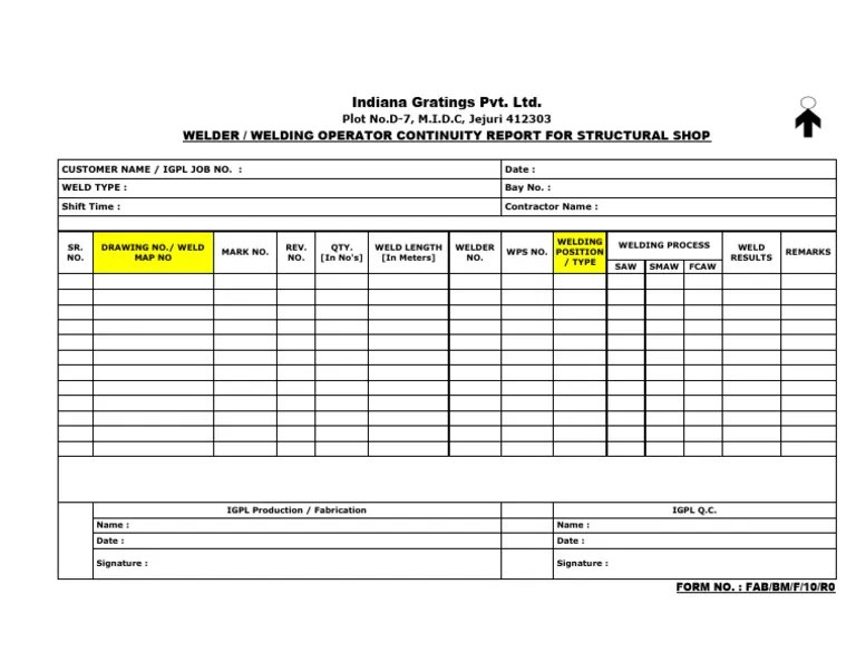 FAB F10 Welder Continuity Record PDF