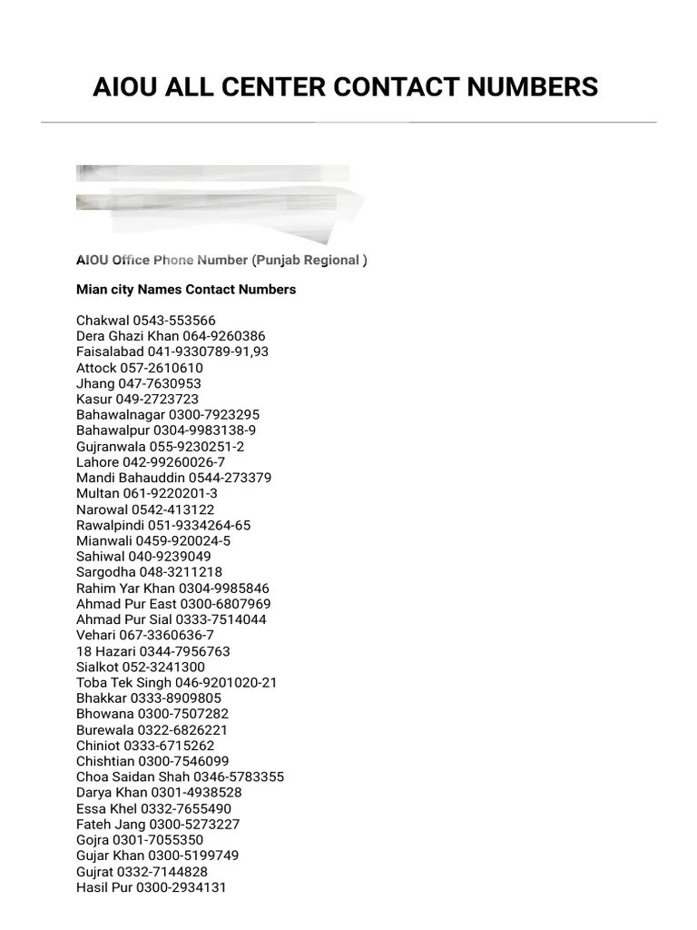 AIOU All Center Contact Number PDF Pakistan
